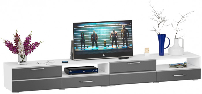 Тумба под ТВ Ларго 1, корпус белый/фасады МДФ графитово-серый глянец