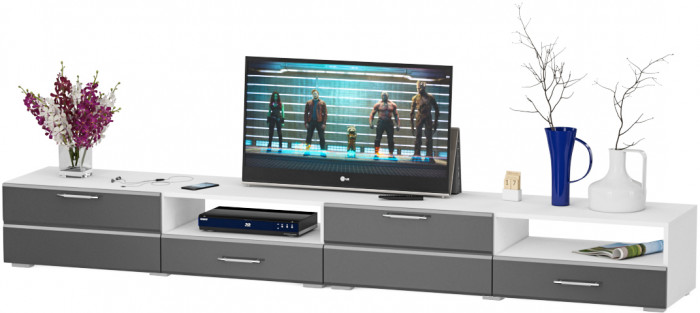 Тумба под ТВ Ларго 1, корпус белый/фасады МДФ графитово-серый глянец