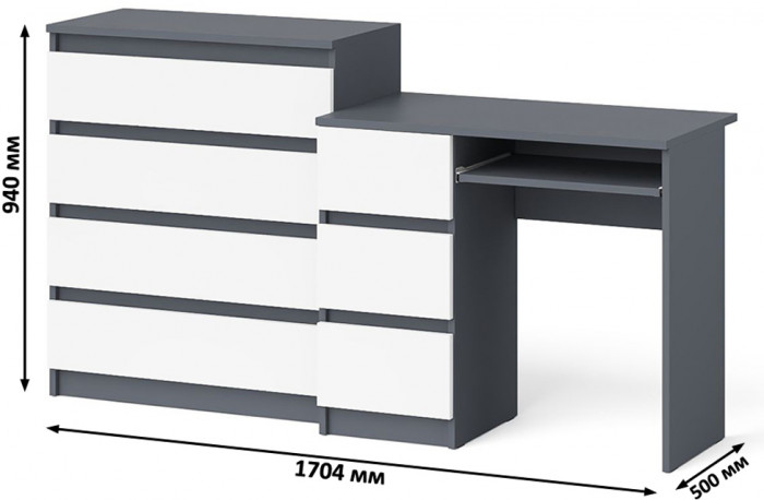 Мори компьютерный стол МС-6 левый + Комод МК800.4, графит/белый