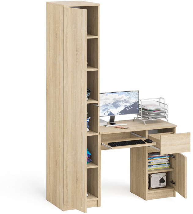Мори Стол компьютерный МС-1 правый + Пенал МШ400.1, цвет дуб сонома, ШхГхВ 130,4х50,4х209,6 см., выдвижной ящик справа, НЕ универсальная сборка