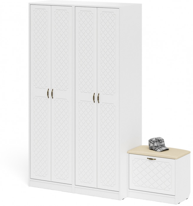 Прихожая П-6 Компоновка № 07, цвет белая шагрень/фасады МДФ белое дерево фрезеровка ромб, ШхГхВ 180х50х210 см., универсальная сборка