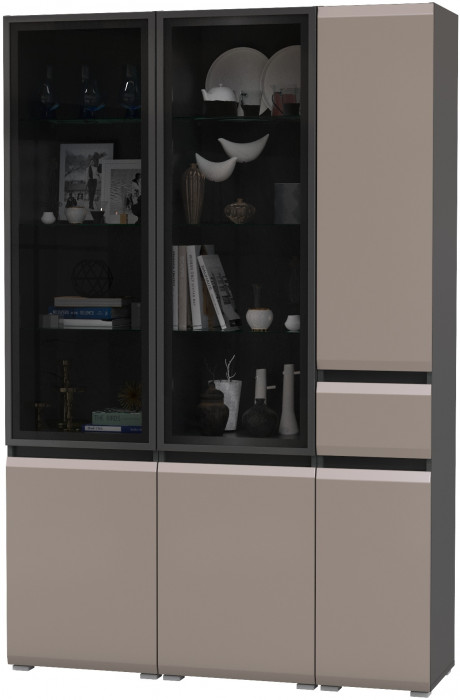 Сидней 13.201 Шкаф-витрина 2 штуки + Шкаф с ящиком 13.202, корпус: антрацит/фасады: МДФ веллюто капучино/стекло