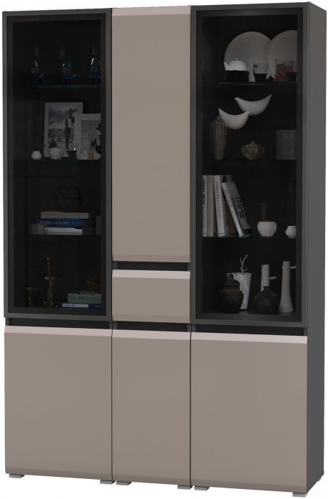 Сидней 13.201 Шкаф-витрина 2 штуки + Шкаф с ящиком 13.202, корпус: антрацит/фасады: МДФ веллюто капучино/стекло