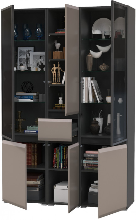 Сидней 13.201 Шкаф-витрина 2 штуки + Шкаф с ящиком 13.202, корпус: антрацит/фасады: МДФ веллюто капучино/стекло