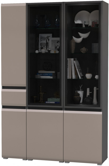 Сидней 13.201 Шкаф-витрина 2 штуки + Шкаф с ящиком 13.202, корпус: антрацит/фасады: МДФ веллюто капучино/стекло