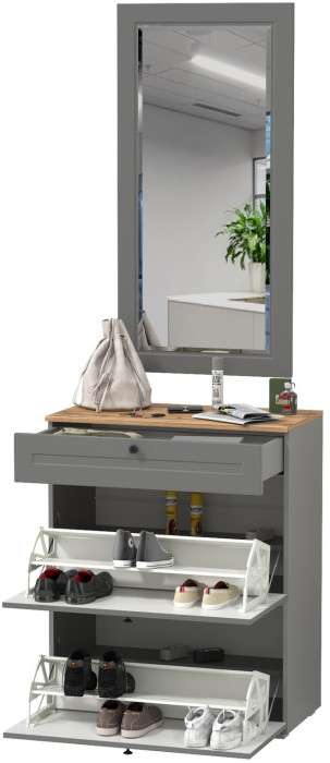 Остин 16.121 Тумба для обуви + 17.03 Зеркало, цвет серый графит/дуб крафт золотой, ШхГхВ 80х41,6х229 см.