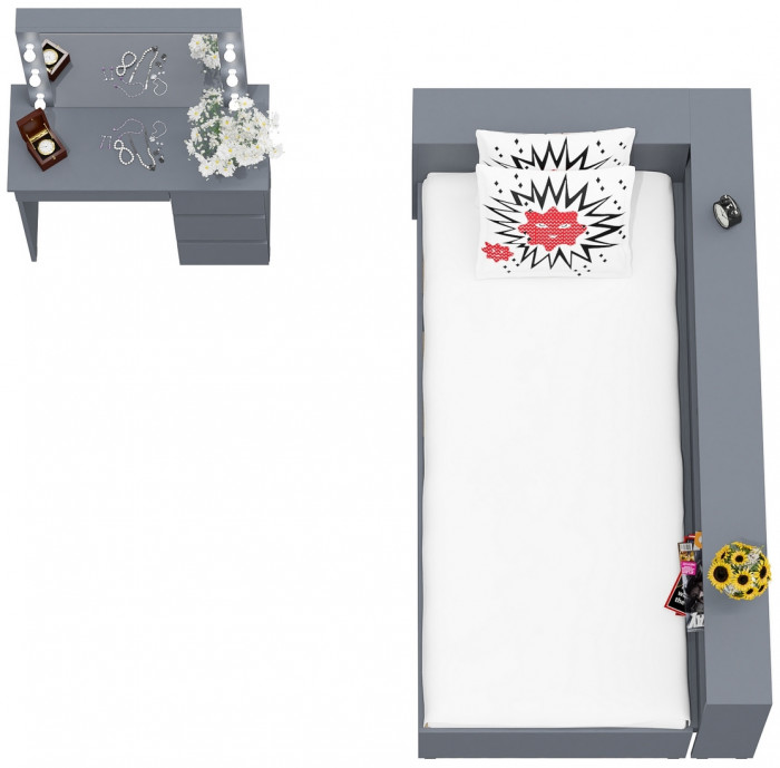 Ксения Кровать с ящиками 0900 + прикроватный блок + Столик с подсветкой Сура, графит