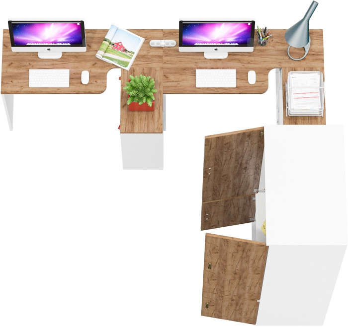 Лидер-8 Стол + Стол + Шкаф МД 19Б + Тумба МД 3.15, белый шагрень/крафт золото