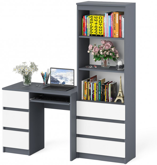 Мори компьютерный стол МС-6 левый + Стеллаж МСТ600.3, графит/белый