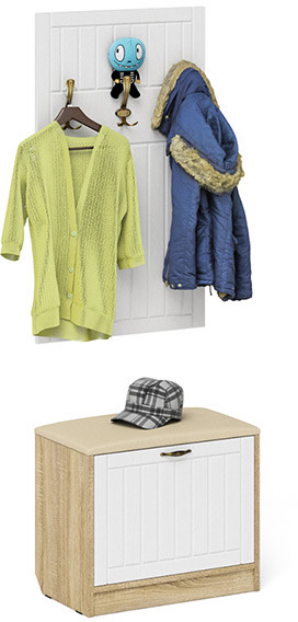 Прихожая П-6 Тумба + Вешалка, цвет дуб сонома/фасады МДФ белое дерево фрезеровка прованс, ШхГхВ 60х35х200 см.