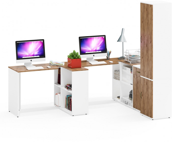 Лидер-8 Стол + Стол + Пенал МД 21Б + Тумба МД 3.15, белый шагрень/крафт золото