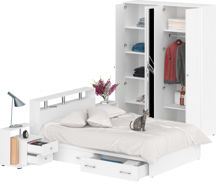 Камелия спальня № 8 Кровать с ящиками 1400 + Две тумбы + Шкаф 4-х створчатый, цвет белый, сп.м. 1400х2000 мм., б/м, основание есть