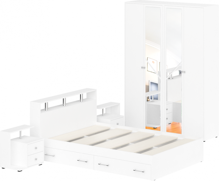 Камелия спальня № 8 Кровать с ящиками 1400 + Две тумбы + Шкаф 4-х створчатый, цвет белый, сп.м. 1400х2000 мм., б/м, основание есть