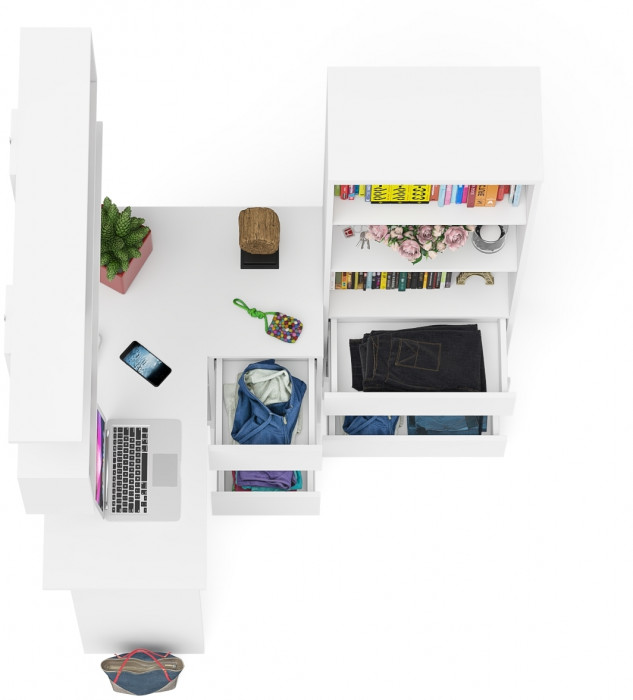 Мори компьютерный стол МС-16 правый + Стеллаж МСТ600.3 + Полка 1200, белый