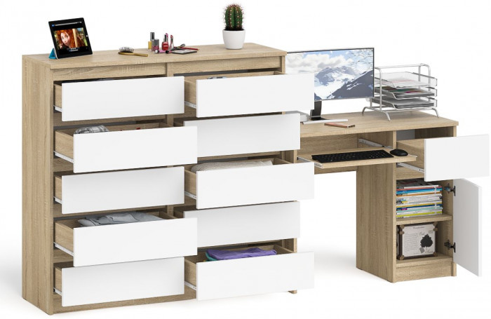 Мори Стол компьютерный МС-1 правый + Комод МК1200.10, цвет дуб сонома/белый, ШхГхВ 210,4х50х115 см., выдвижной ящик справа, НЕ универсальная сборка