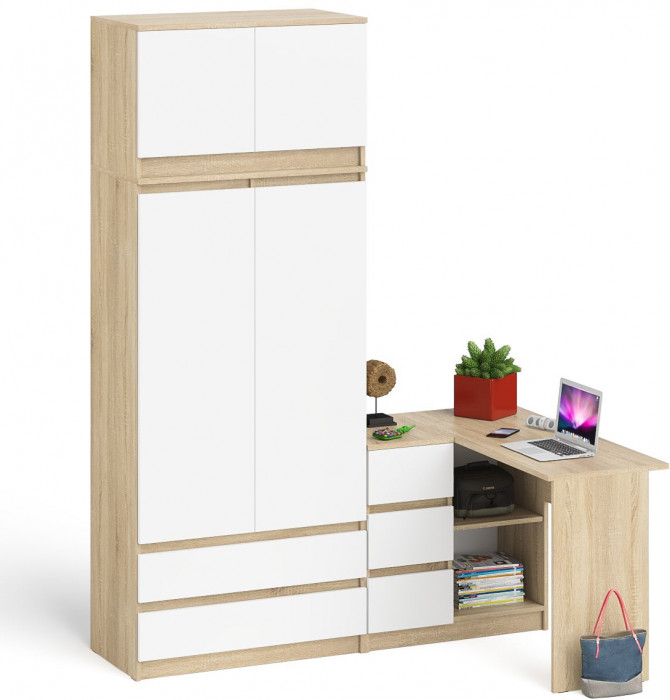 Мори Стол компьютерный МС-16 левый + Шкаф МШ900.1 + Антресоль МА900.1, цвет дуб сонома/белый, ШхГхВ 214,8х84,9х234,2 см., выд. ящ. слева, НЕ ун. сб.