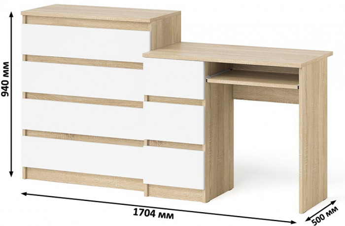 Мори Стол компьютерный МС-6 левый + Комод МК800.4, цвет дуб сонома/белый, ШхГхВ 170,4х50х94 см., выдвижные ящики слева, НЕ универсальная сборка