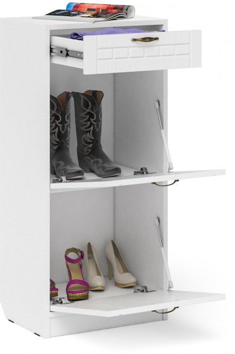 Прихожая П-6 Тумба для обуви 2 секции, белая шагрень/фасады МДФ белое дерево фрезеровка прованс