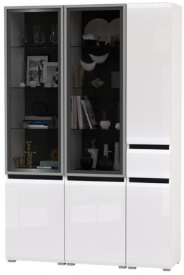 Сидней 13.201 Шкаф-витрина 2 штуки + Шкаф с ящиком 13.202, корпус: белый/чёрный/фасады: МДФ белый глянец/стекло