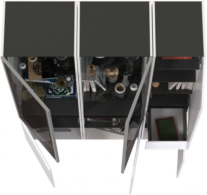 Сидней 13.201 Шкаф-витрина 2 штуки + Шкаф с ящиком 13.202, корпус: белый/чёрный/фасады: МДФ белый глянец/стекло