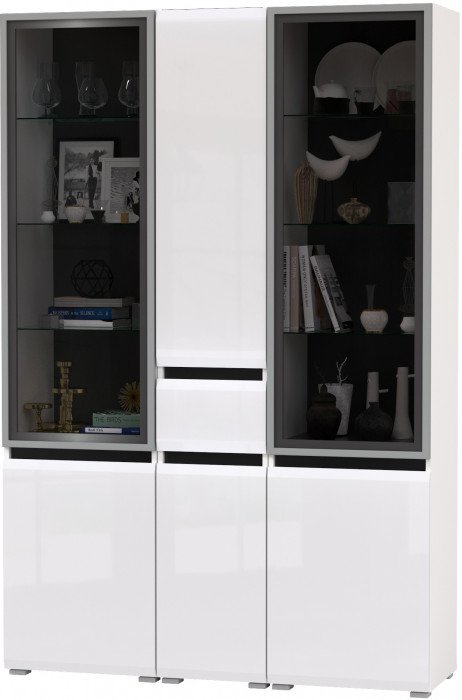 Сидней 13.201 Шкаф-витрина 2 штуки + Шкаф с ящиком 13.202, корпус: белый/чёрный/фасады: МДФ белый глянец/стекло