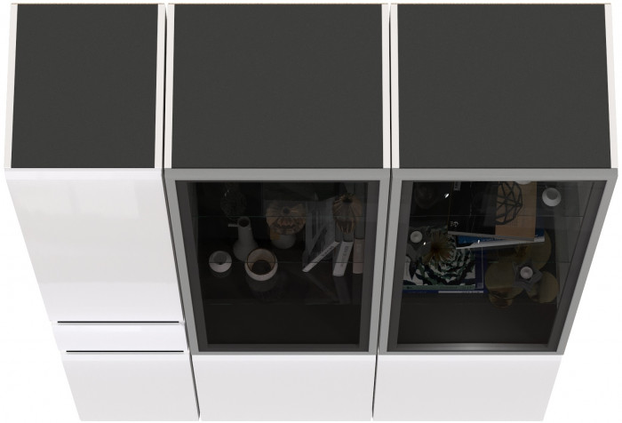 Сидней 13.201 Шкаф-витрина 2 штуки + Шкаф с ящиком 13.202, корпус: белый/чёрный/фасады: МДФ белый глянец/стекло