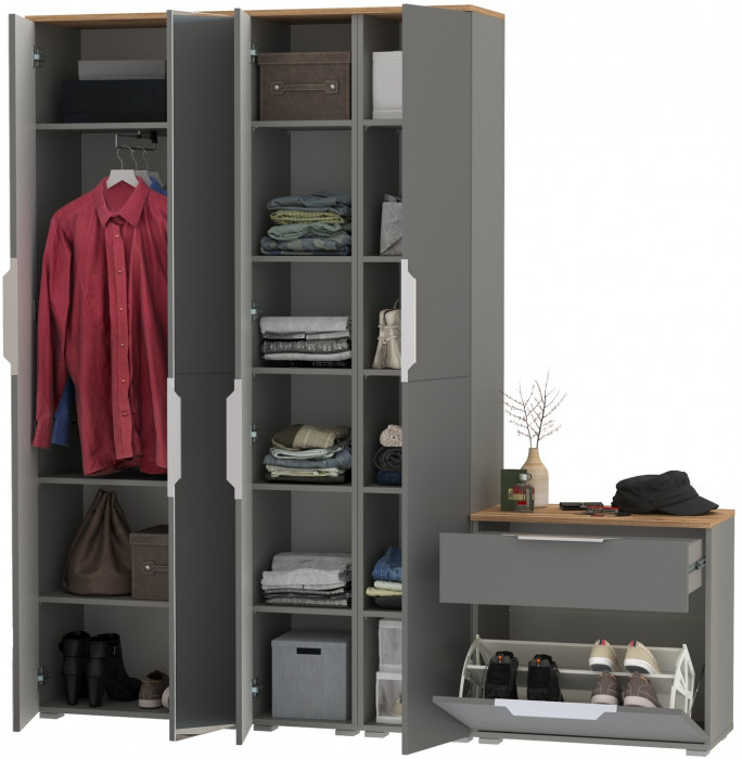 Октава Прихожая 28, цвет серый графит/дуб крафт золотой/фасады МДФ серый графит, ШхГхВ 193,7х35,4х197,6 см., универсальная сборка