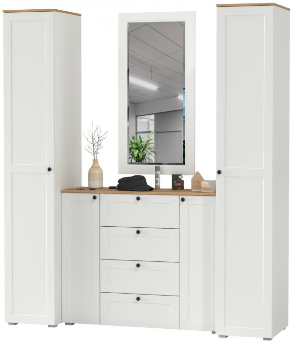 Остин Прихожая 32, цвет белый шагрень/дуб крафт золотой, ШхГхВ 200х54,3х229,6 см., универсальная сборка