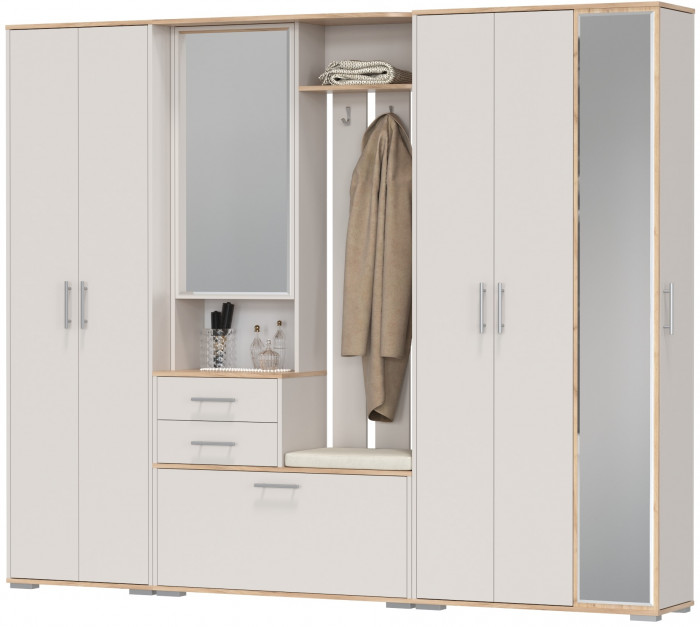 Прихожая Домино 6, цвет дуб крафт золотой/кашемир серый, ШхГхВ 248х36х202 см., универсальная сборка