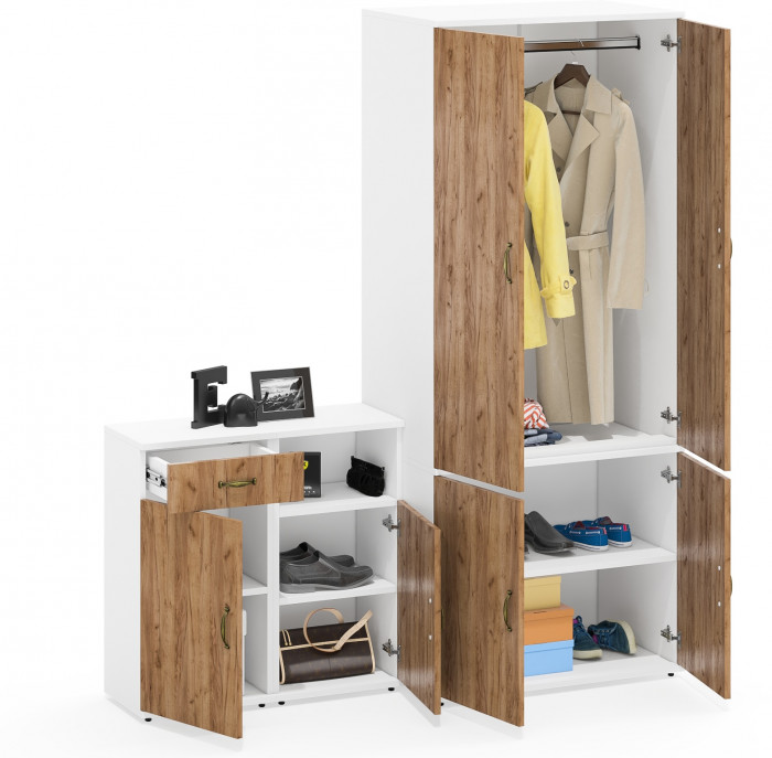 Лидер-8 Шкаф МД 19Б + Тумба МД 3.15 + Тумба МД 3.19, цвет белый шагрень/крафт золото, ШхГхВ 160х50х190 см., универсальная сборка