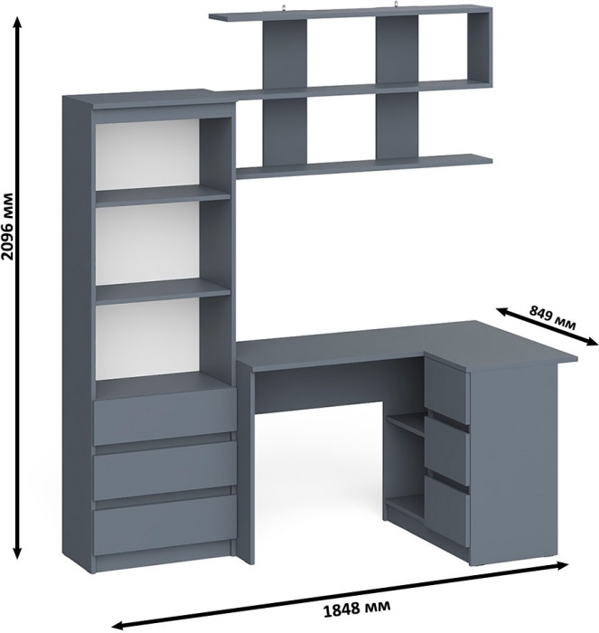Мори компьютерный стол МС-16 правый + Стеллаж МСТ600.3 + Полка 1200, графит