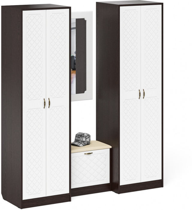 Прихожая П-6 Компоновка № 08, цвет венге/фасады МДФ белое дерево фрезеровка ромб, ШхГхВ 180х50х210 см., универсальная сборка