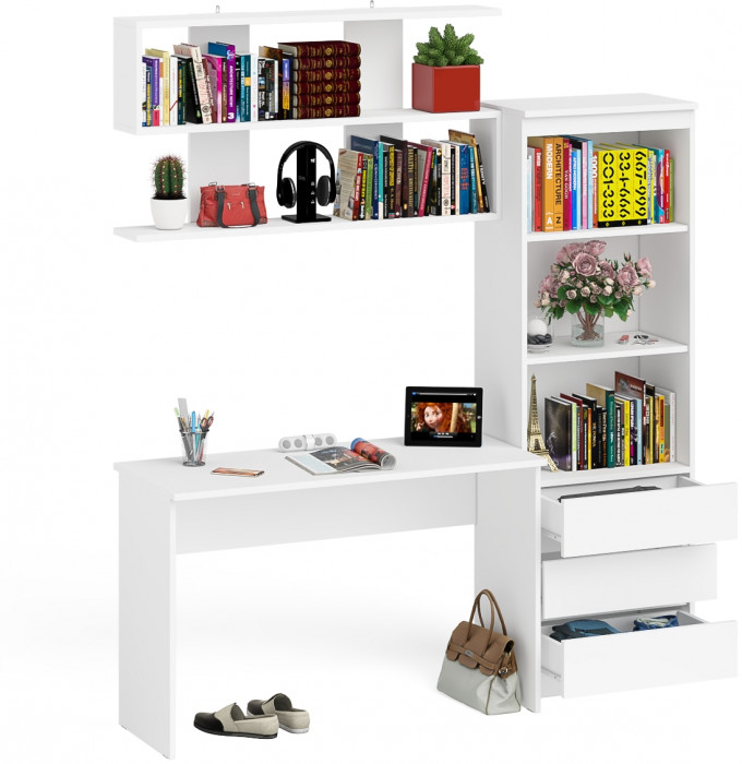 Мори письменный стол МСП1200.1 + Стеллаж МСТ600.3 + Полка 1200, белый