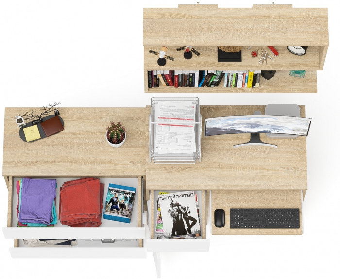 Мори компьютерный стол МС-1 левый + Комод МК800.1 + Полка 900, дуб сонома/белый