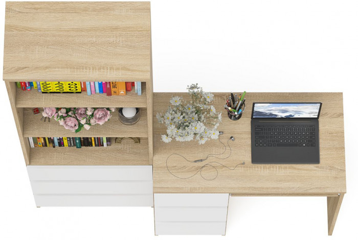 Мори компьютерный стол МС-6 левый + Стеллаж МСТ600.3, дуб сонома/белый