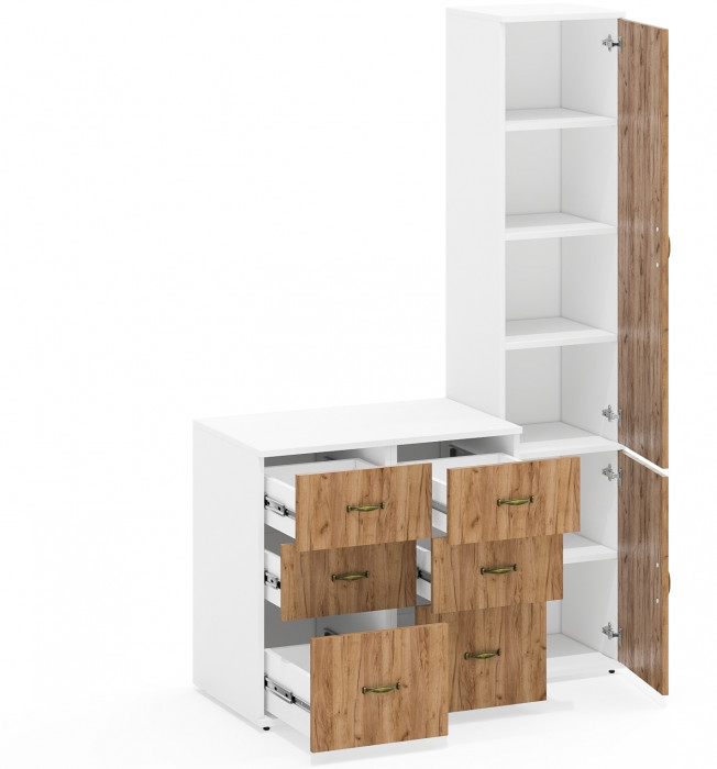 Лидер-8 Пенал МД 22Б + Тумба МД 3.16 + Тумба МД 3.16, цвет белый шагрень/крафт золото, ШхГхВ 120х50х190 см., универсальная сборка