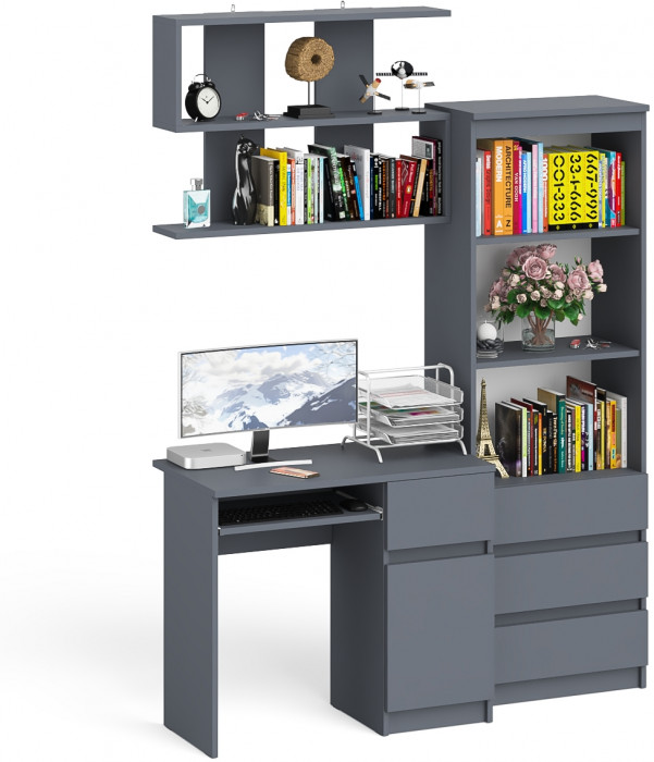 Мори Стол компьютерный МС-1 правый + Стеллаж МСТ600.3 + Полка 900, цвет графит, ШхГхВ 150,4х50х209,6 см., НЕ универсальная сборка