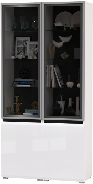 Сидней 13.201 Шкаф-витрина 2 штуки, корпус: белый/чёрный/фасады: МДФ белый глянец/прозр. стекло с серой тонир.