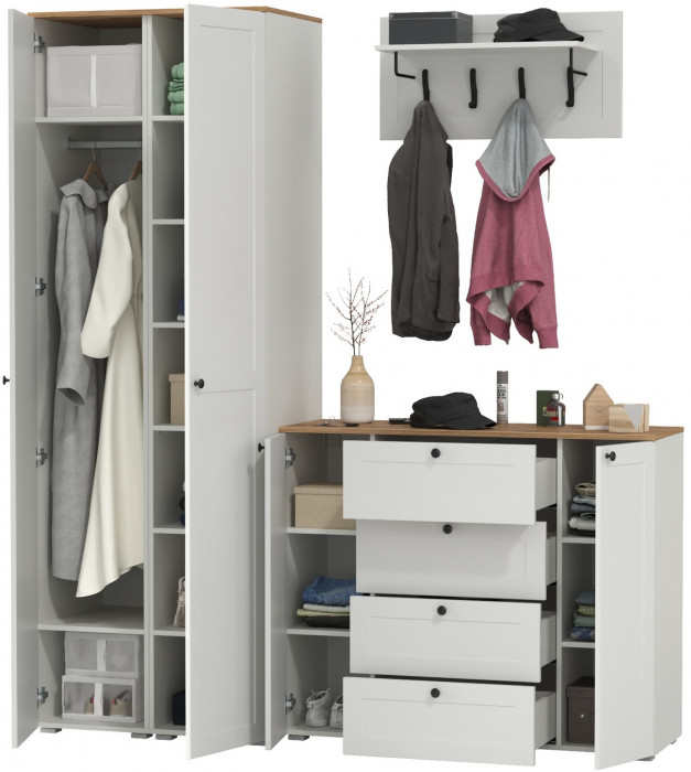 Остин Прихожая 33, цвет белый шагрень/дуб крафт золотой, ШхГхВ 200х54,3х229,6 см., универсальная сборка