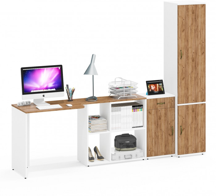 Лидер-8 Стол + Тумба МД 3.15 + Пенал МД 22Б, цвет белый шагрень/крафт золото, ШхГхВ 245х50/37,5х75/190 или 115х160/50х75/190 см., НЕ ун. сборка