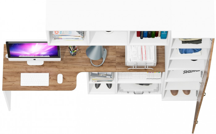 Лидер-8 Стол + Полка + Пенал МД 22Б, цвет белый шагрень/крафт золото, ШхГхВ 205х50/37,5х75/190 или 115х50/120х75/190 см., НЕ универсальная сборка