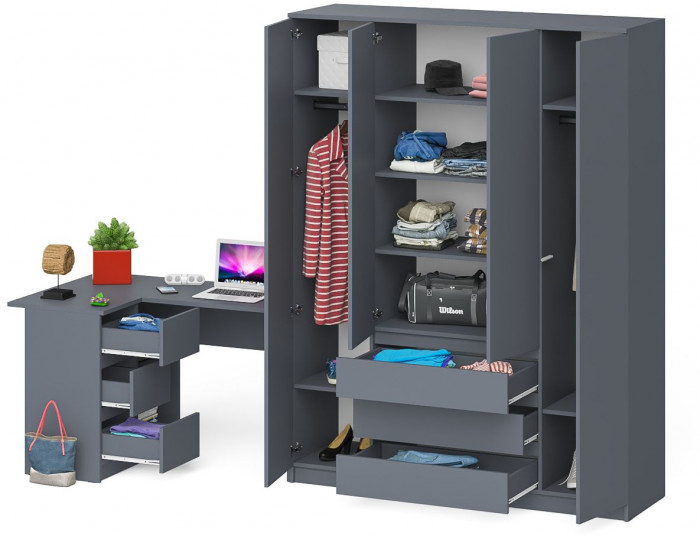 Мори Стол компьютерный МС-16 левый + Шкаф МШ1600.1, цвет графит, ШхГхВ 284,8х84,9х209,6 см., выдвижные ящики слева, НЕ универсальная сборка