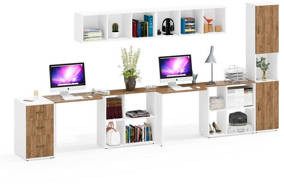 Лидер-8 Стол + Полка + Стол + Полка + Пенал + Тумба МД 3.16, цвет белый шагрень/крафт золото, 410х50/30х75/190 или 270х120/50х75/190 см., НЕ ун. сб.