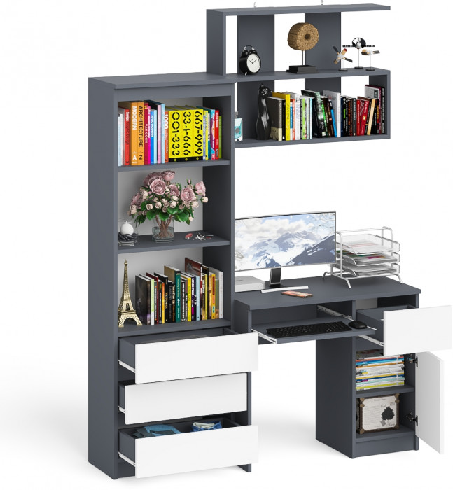 Мори Стол компьютерный МС-1 правый + Стеллаж МСТ600.3 + Полка 900, цвет графит/белый, ШхГхВ 150,4х50х209,6 см., НЕ универсальная сборка