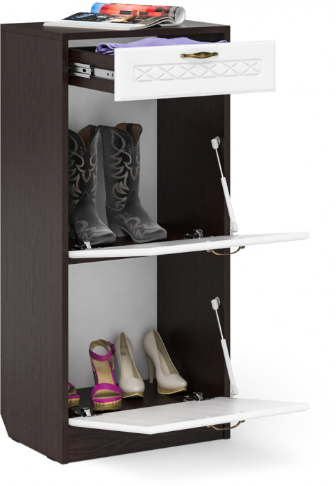 Прихожая П-6 Тумба для обуви 2 секции, венге/фасады МДФ белое дерево фрезеровка ромб