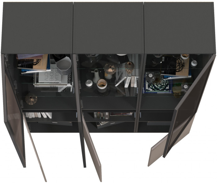 Сидней 13.201 Шкаф-витрина 3 штуки, корпус: антрацит/фасады: МДФ веллюто капучино/прозр. стекло с серой тонир.