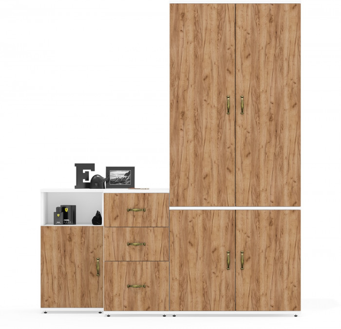 Лидер-8 Шкаф МД 19Б + Тумба МД 3.16 + Тумба МД 3.19, цвет белый шагрень/крафт золото, ШхГхВ 160х50х190 см., универсальная сборка