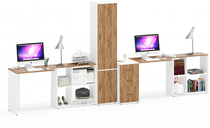 Лидер-8 Стол + Стол + Пенал МД 22Б + Тумба МД 3.16, белый шагрень/крафт золото