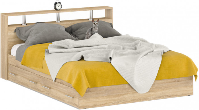 Камелия спальня № 9 Кровать с ящиками 1600 + Две тумбы + Стол космет. + Зеркало + Шкаф 4-х, цвет дуб сонома, сп.м. 1600х2000 мм., б/м, осн. есть