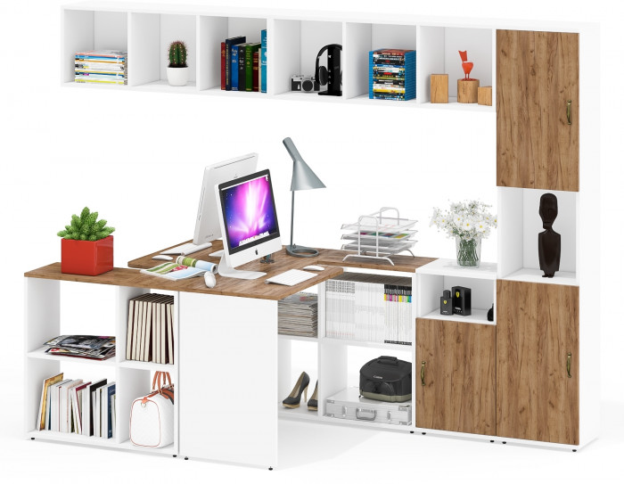 Лидер-8 Стол + Полка + Стол + Полка + Пенал + Тумба МД 3.19, цвет белый шагрень/крафт золото, 410х50/30х75/190 или 230х50/160х75/190 см., НЕ ун. сб.